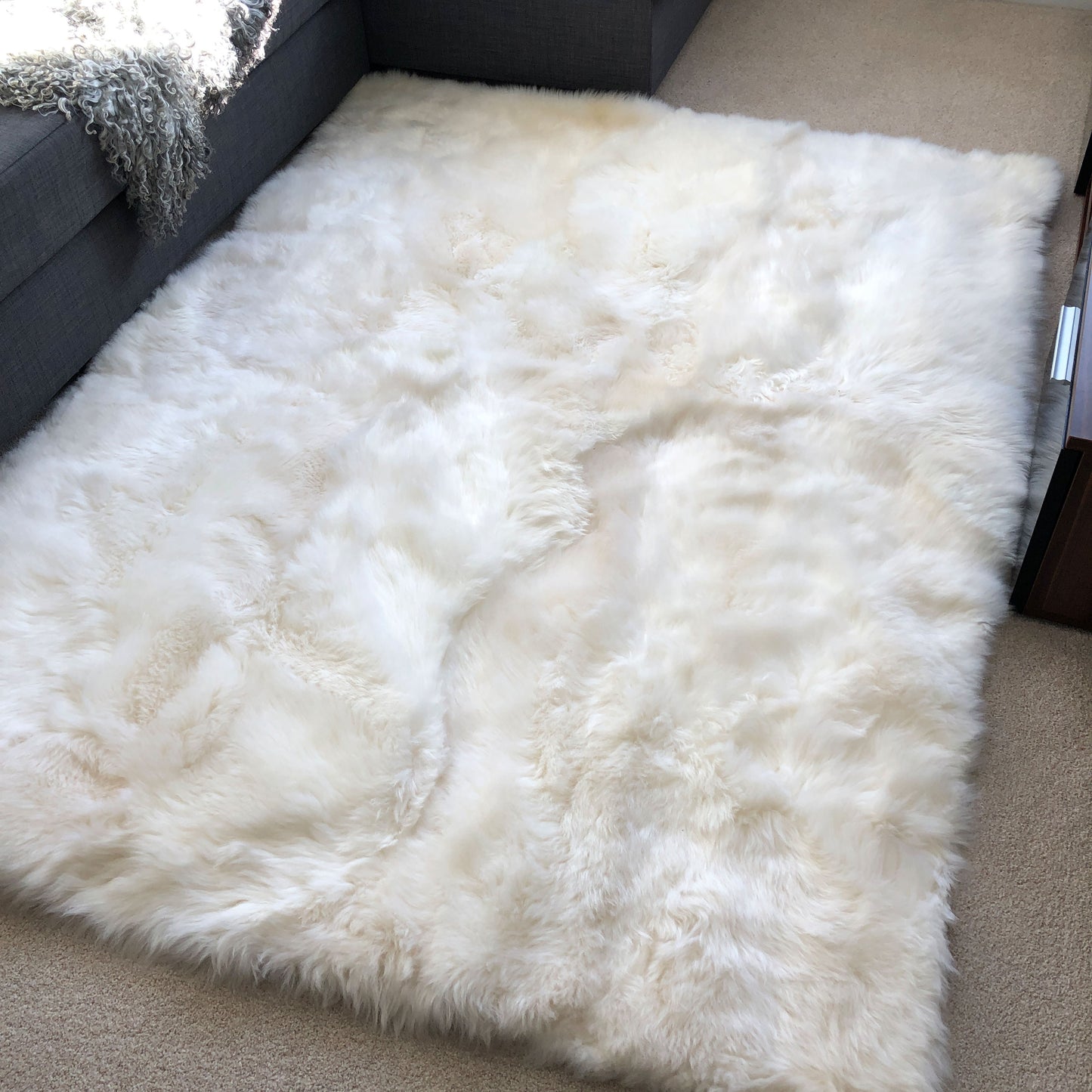 Soft British Sheepskin Rug Ivory Cream White Straight Edges Rectangular 90cm x 150cm