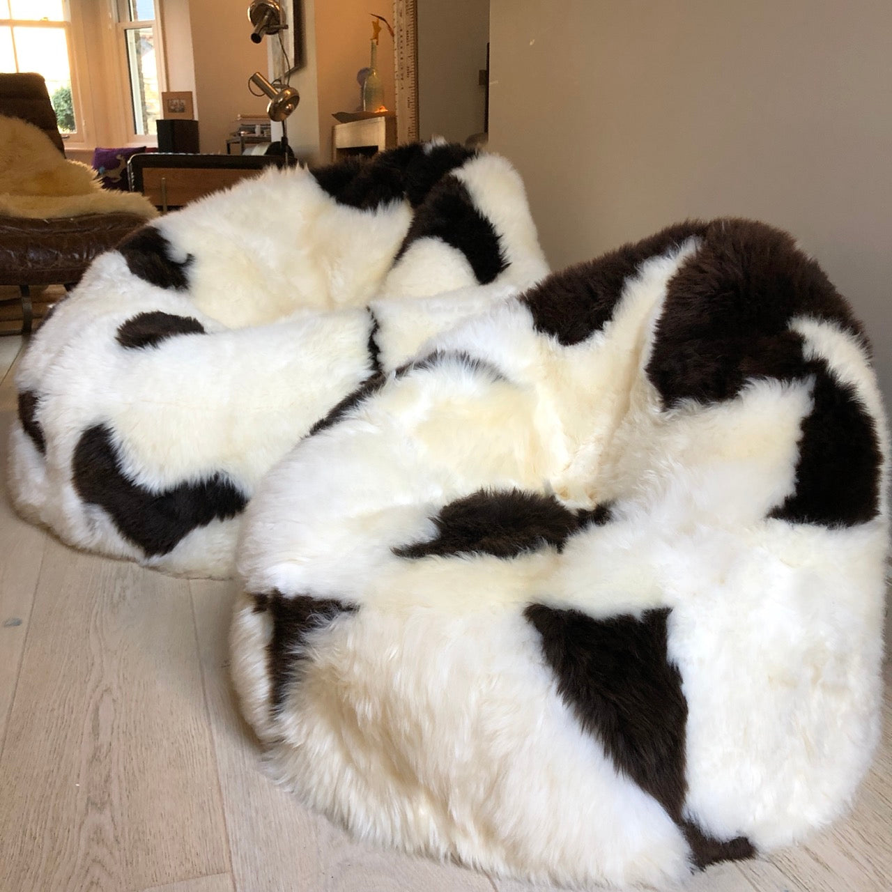 100% Natural British White & Brown Spotted Sheepskin Beanbag Chair  - Large