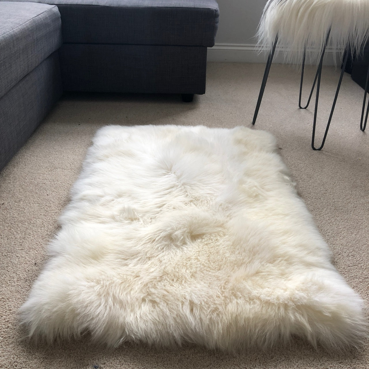 Soft British Sheepskin Rug Ivory Cream White Straight Edges Rectangular 55cm x 85cm