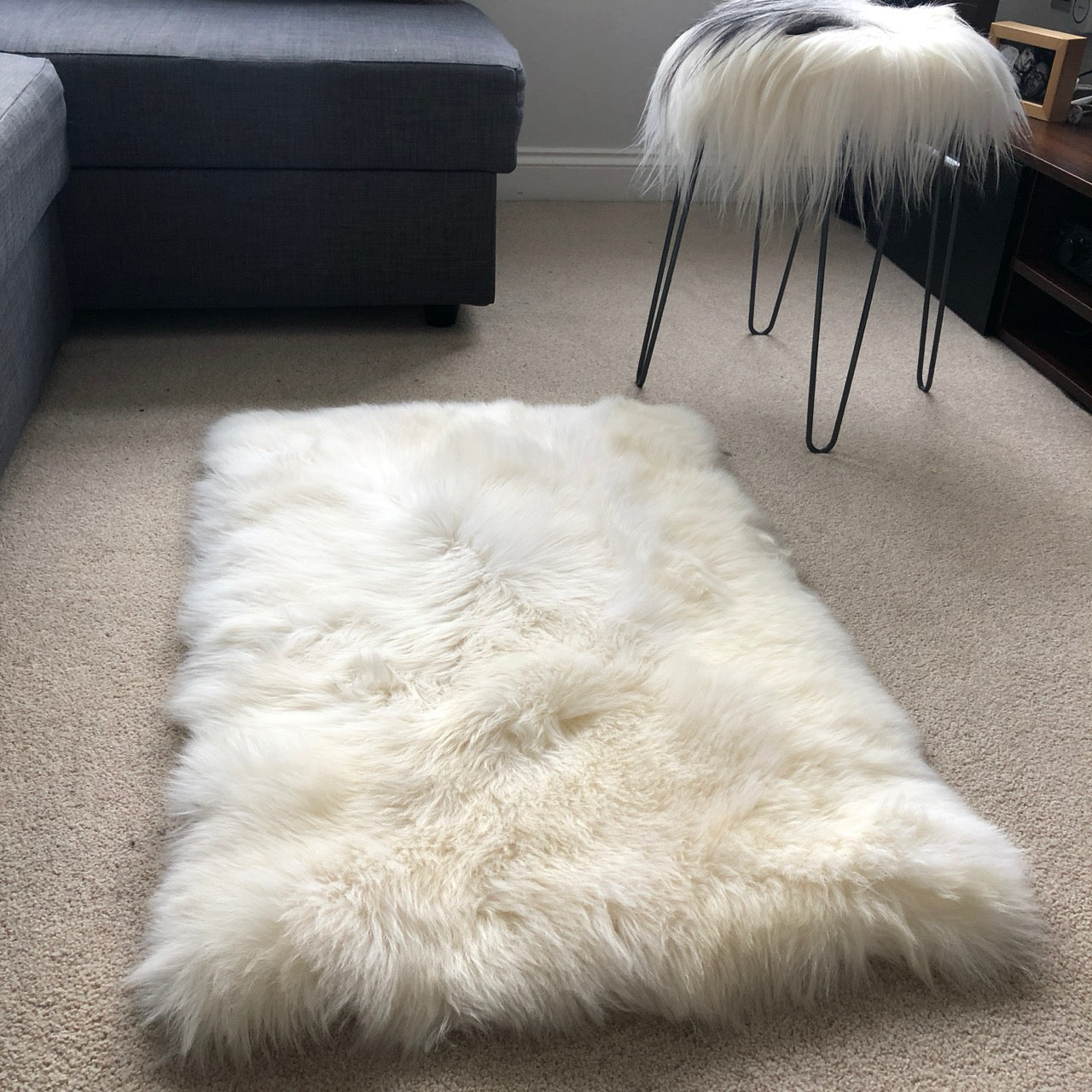 Soft British Sheepskin Rug Ivory Cream White Straight Edges Rectangular 55cm x 85cm