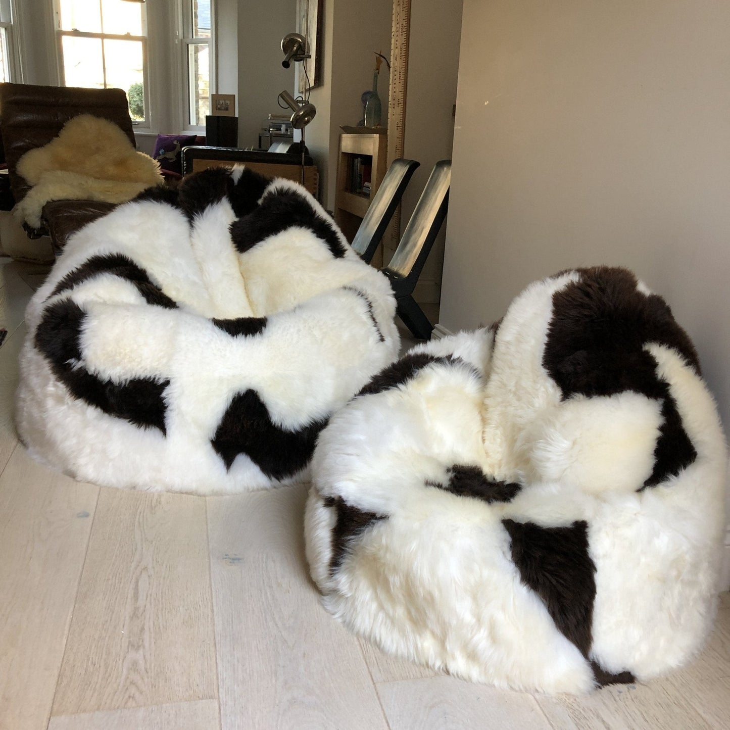 Sheepskin Beanbag Chair 100% Natural British White & Brown Spotted Bean Bag